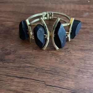 Vintage Gold Tone Hinged Clamper Bracelet With Black Faux Wood Gems MCM